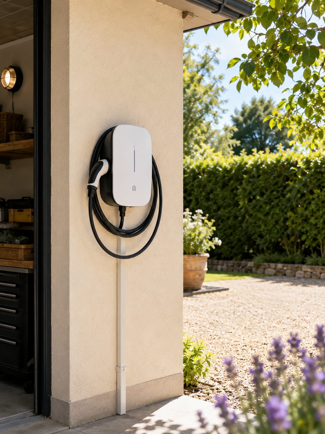 Borne de recharge pour véhicule électrique installée sur une façade