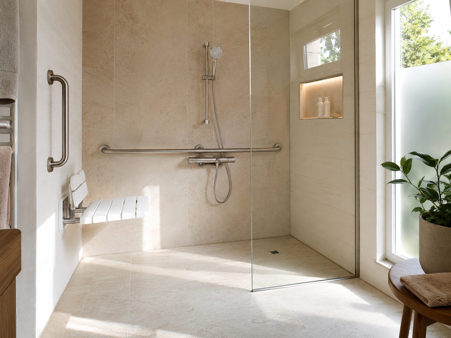 Douche sécurisée de plain-pied avec barre d'appui et siège