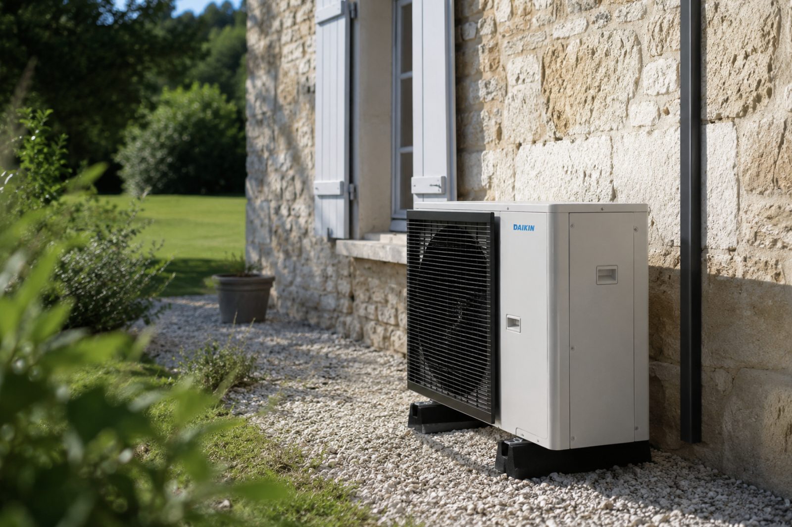 Pompe à chaleur air/eau installée en façade d'une maison en pierre