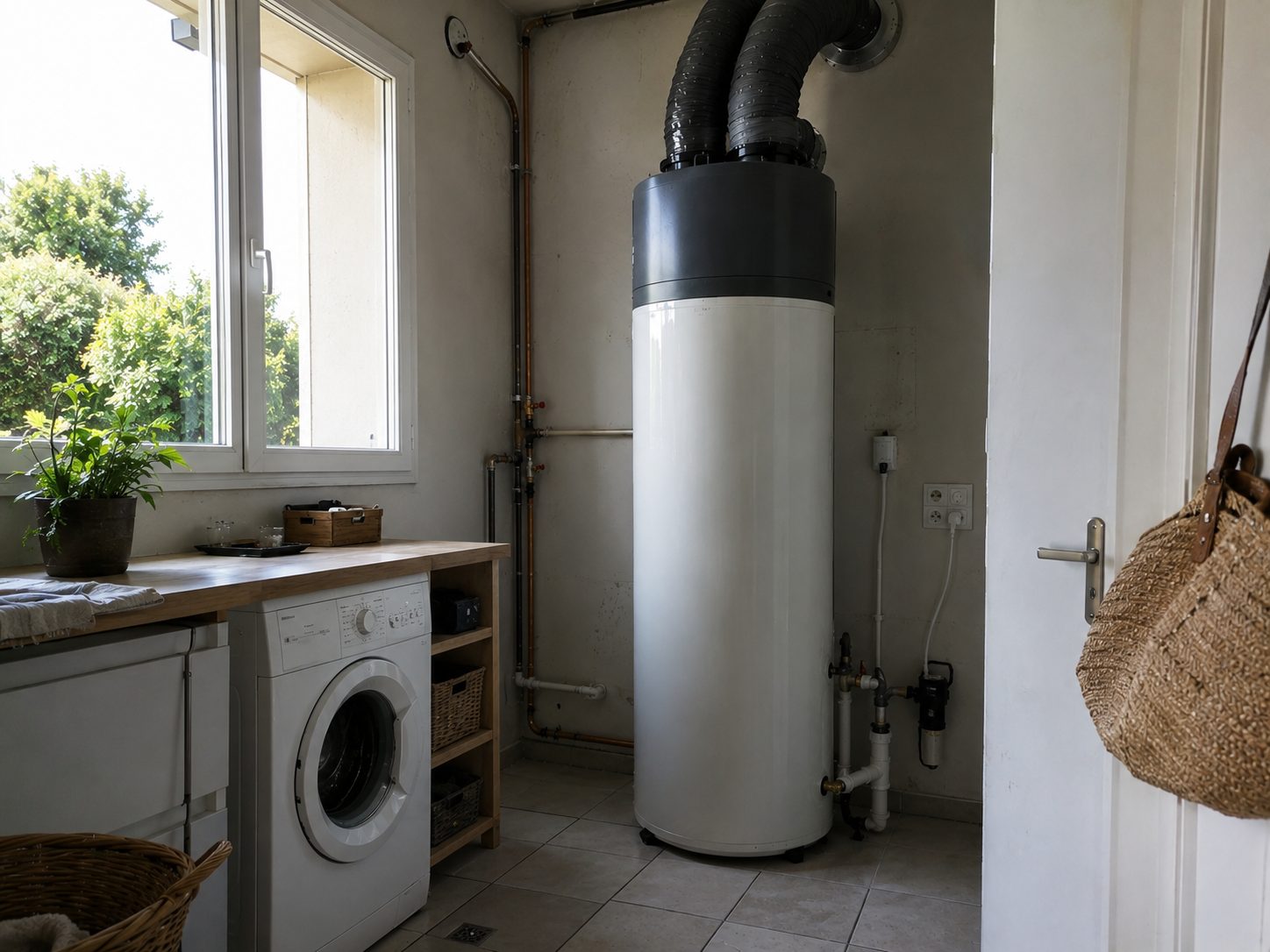 Chauffe-eau thermodynamique installé dans une buanderie