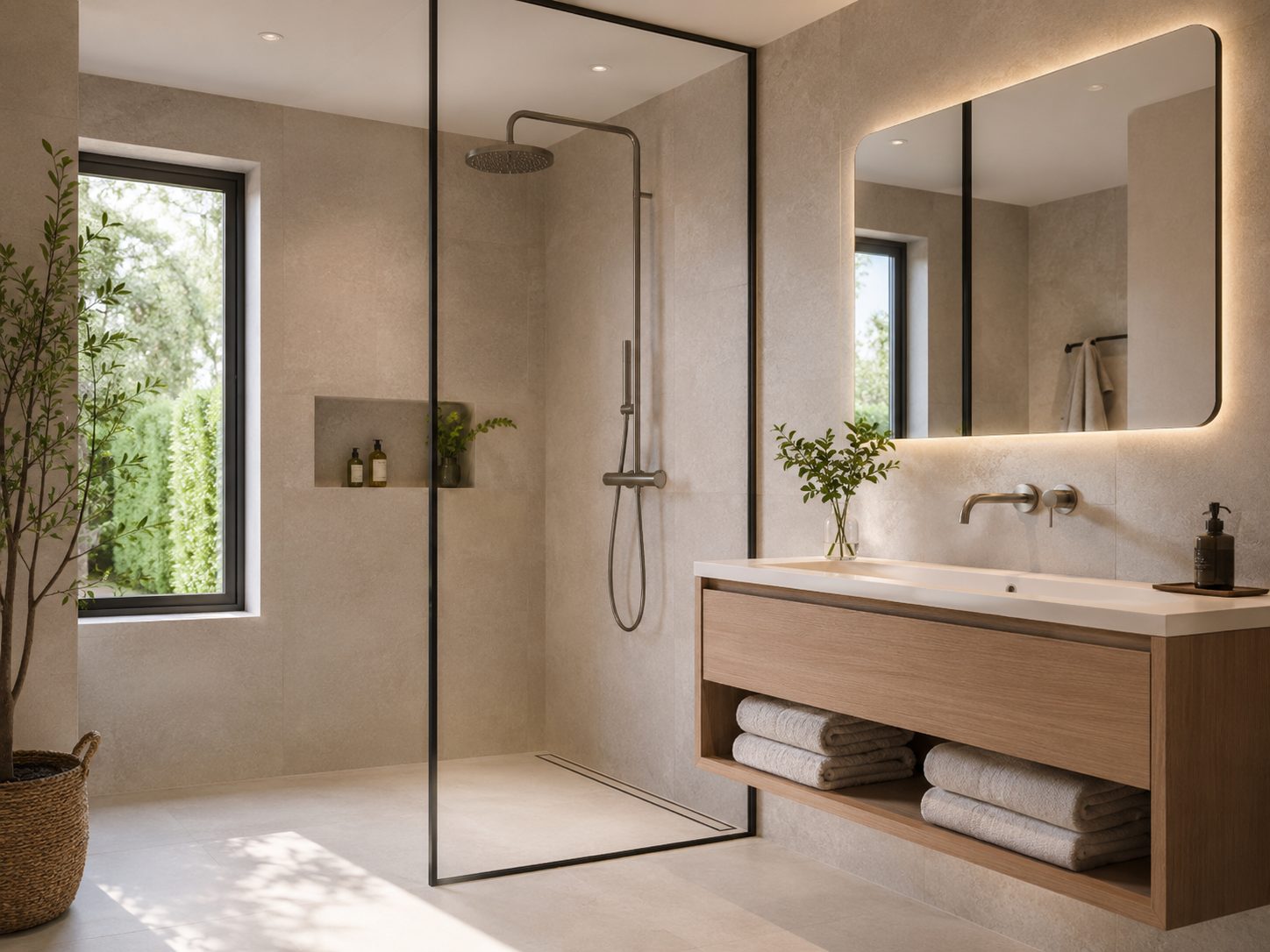 Salle de bain rénovée avec douche à l'italienne et meuble vasque bois